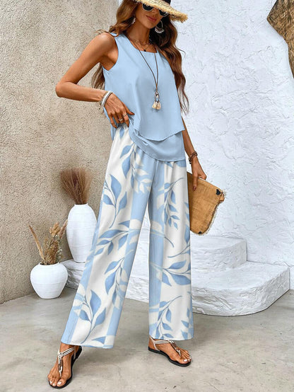 Abi | Women's Chic Breathable Two-Piece Sleeveless Blouse with Wide Leg Pants