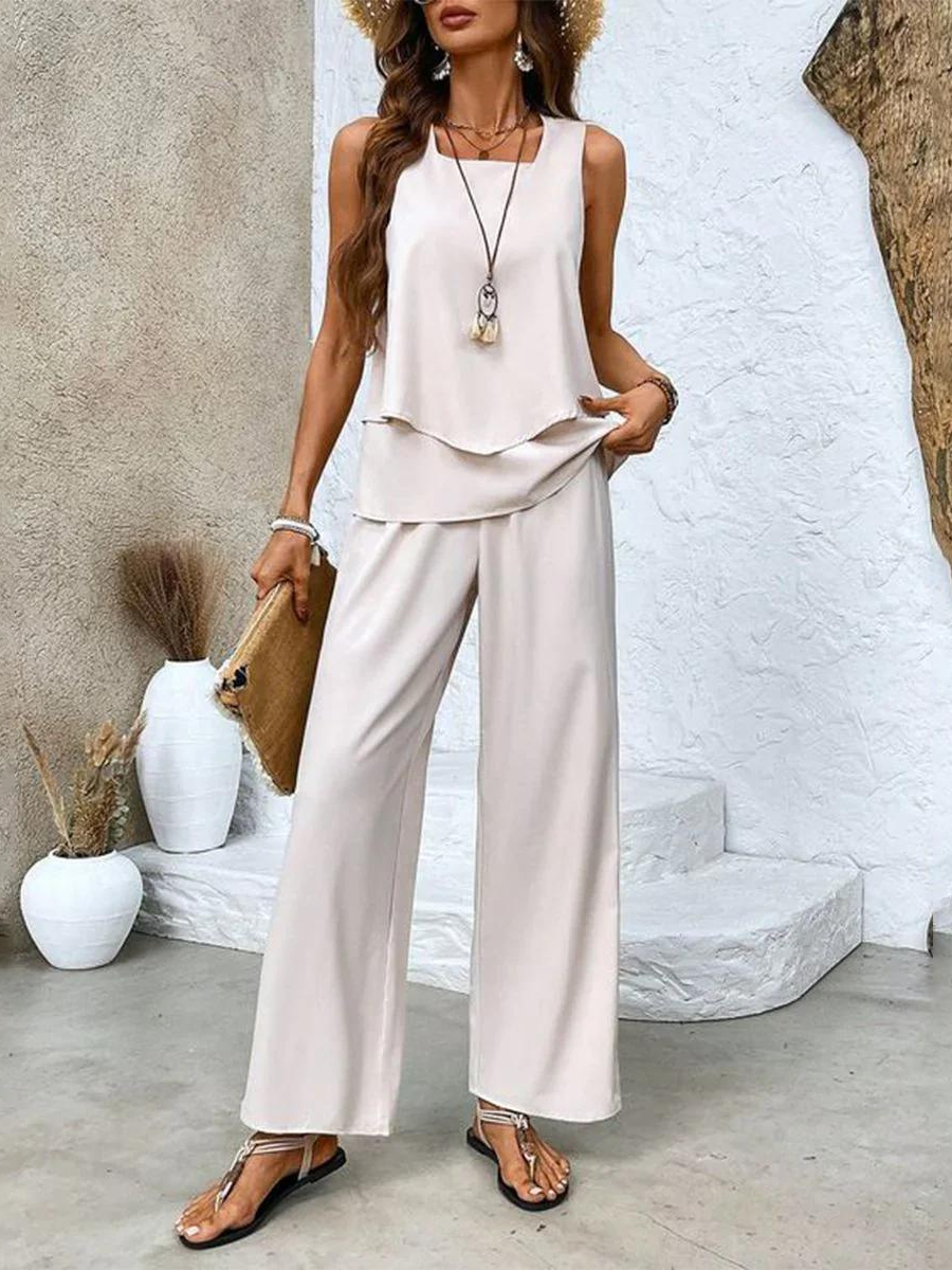 Abi | Women's Chic Breathable Two-Piece Sleeveless Blouse with Wide Leg Pants