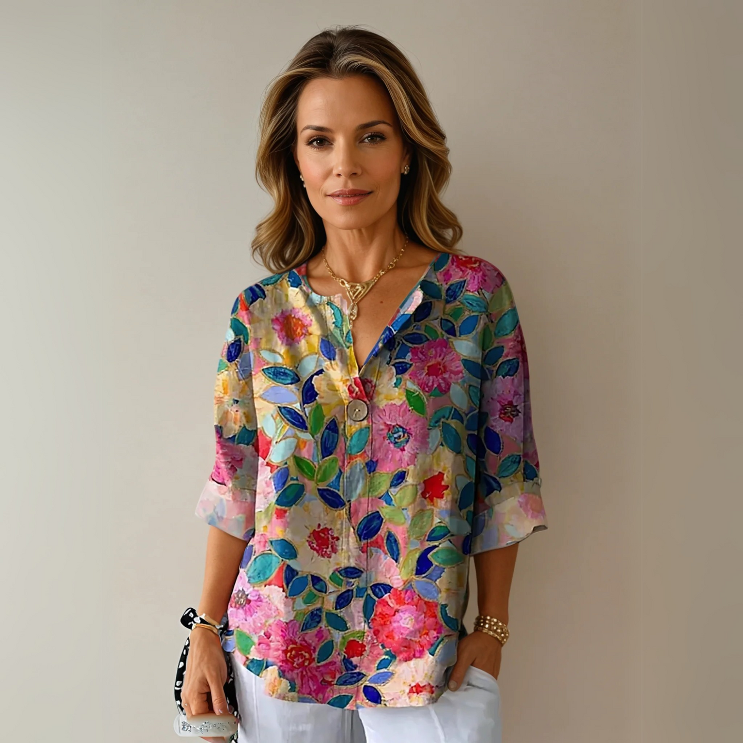 Woman wearing a colorful floral blouse against a plain background