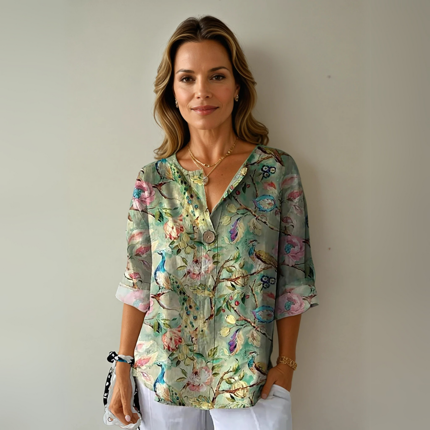 Woman wearing a floral blouse against a plain background